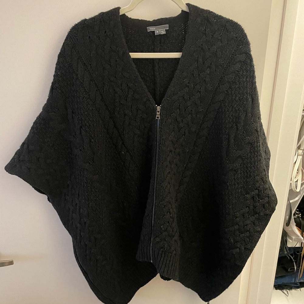 VINCE black chunky knit zip up poncho